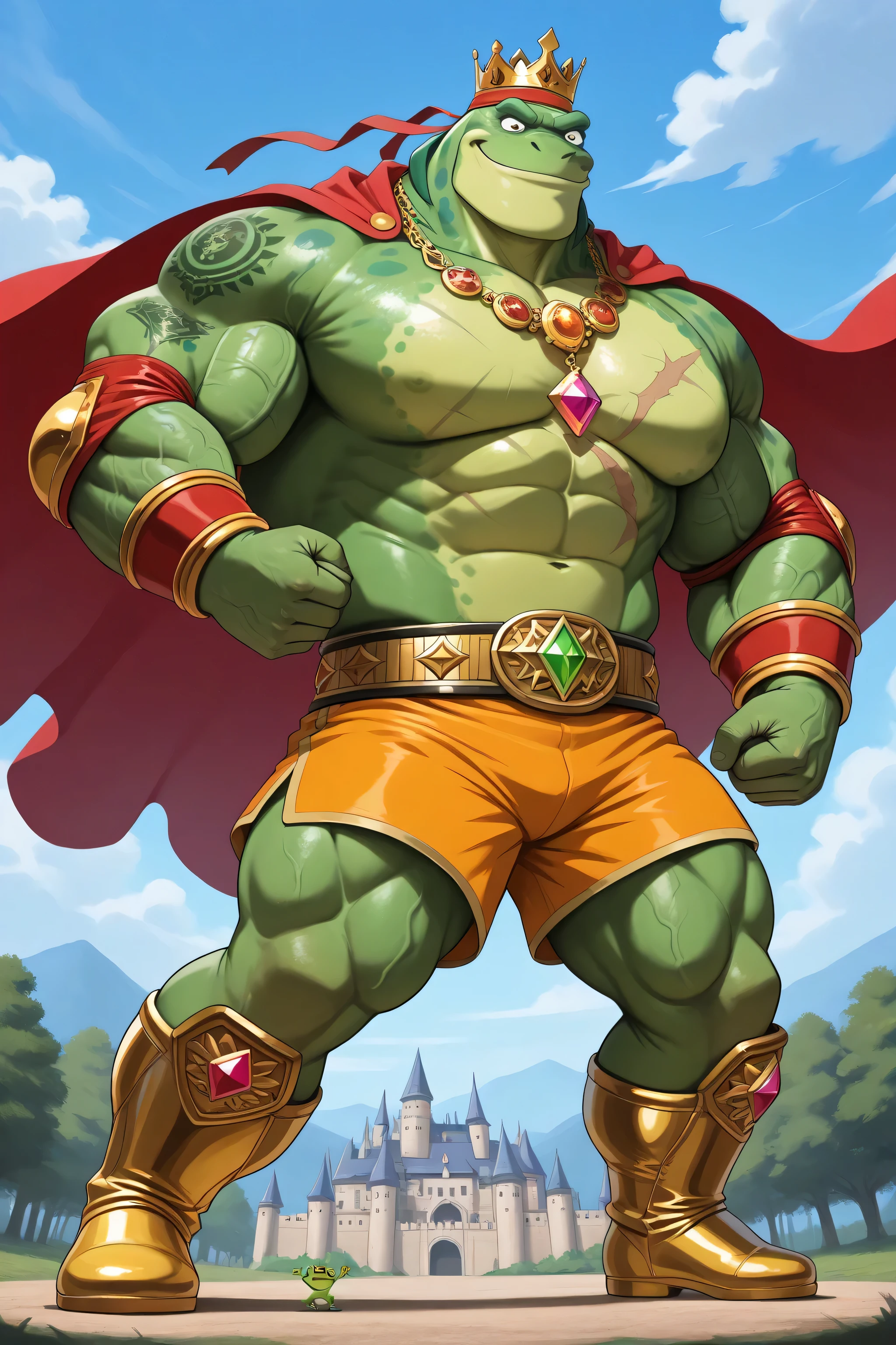 A green giant cartoon 2d frog king, gigantic chin, biggest muscular body, ginomous biceps enormous pectorals, golden bracelets with colorful jewels, golden necklaces with colorful jewels, golden chest, golden wrestler champions belt, Red headband. Golden wrist tape. Golden elbow pads, Golden kneepads, ripped orange shorts, tattoos and scars, veins, bigger cartoon yellow frog eyes, green skin golden king crown with jewels, saturaded green skin, big frog feets, golden boots, wearing a ripped very long red cape, powerful smile expression, feral, smug, dark green eyebrows, sharp teeths, castle and village background, trees, blue sky and clouds background, full body, macro size, giant size, 50-foot size, powerful muscles, veins, tattoos, saturaded colors palette, fairytale fantasy scene, dynamic angle.
