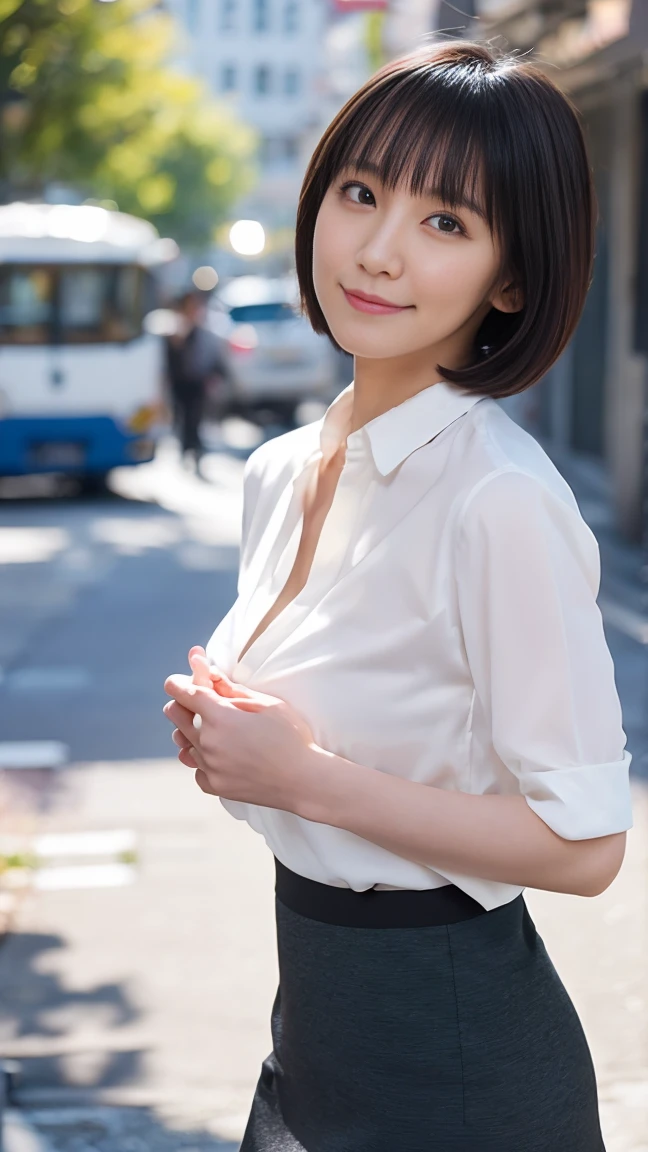 (Cute Japanese Girls), Outdoor, Sexy 18 year old girl, Slender body, Thin chest, skirt, blouse, Thin thighs, Trendy hairstyles, Are standing, Laughter,