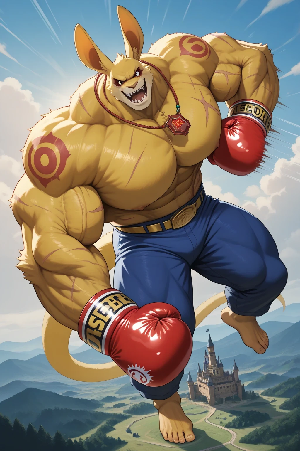 a giant strong muscles boxing kangaroo, yellow skin, a very long neck, yellow fur, wearing a bigger saturaded green boxing gloves, bigger golden bracelets, golden belt, wearing blue underpants, red necklaces, fur red neck, bigger cartoon eyes, gigantic chin, big ears, long tail, big feets, barefoot, black saldals, looking at viewer, gigantic muscular body, scars on the body and his eyes, red tattoos, full body, macro size, giant size, 50-foot size, hypercartoon, 4K 8K 24K, intricate details, photocartoon, standing, ginomous biceps, enormous pectorals, beating his chests, muscular build, powerful smile expression, open mouth, sharp teeths, dramatic lighting, jungle island background, castle background, blue daytime sky and clouds background, dynamic motion blur, cinematic composition, saturaded color palette.