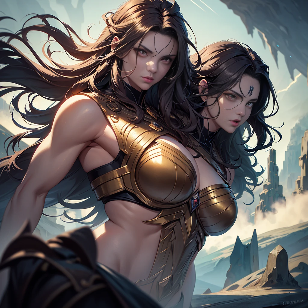 Two (((women))), (((lesbians)))), 2 barbarian warriors kissing madly, 2 Beautiful full-body women, 30 years old, muscular and perfect bodies, with little clothes, tiny thong, caressing each other, super sensual scene