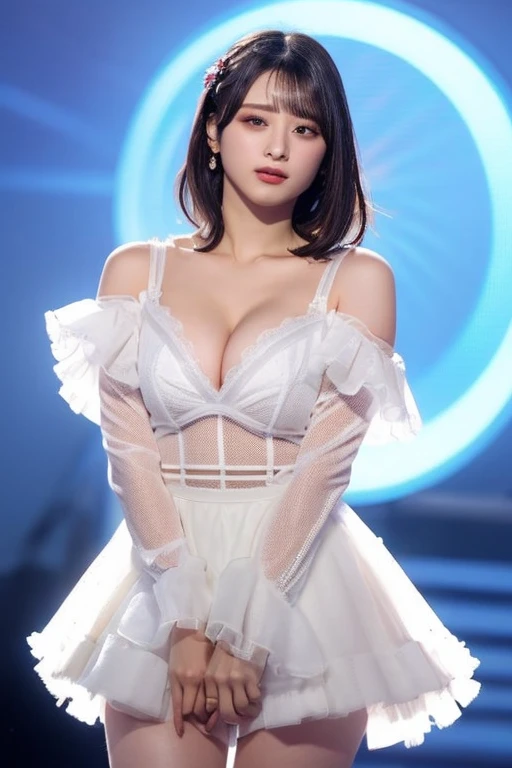 ((Finest quality)),(A high resolution),(ultra-detailed art),(Meticulous portrayal),((Best female)),(Finest works of art),sharpness,Clear,Ultra-Precision Art,The art of astounding depiction,(masterpiece), chiaroscuro:(1.5,bright light:1.2, luminous lighting),(background blur:1.5),blurring, high quality, stable diffusion, 

short purple hair with ponytail, detailed purple bangs, 
pretty face wearing black eye shades,, beautiful lips, soft lips,pretty face, close up face, gorgeous beauty, 
green eyes, serious face, pretty nose, beautiful nose, perfect nose, detailed nose, detailed lips,
pretty eyes, beautiful eyes, sparkling eyes, detailed eyes, perfect eyes, open mouth,
looking at the camera, happy, jolly, smiling, seductive, blushing, bukake, happy face, jolly face, excited face, 

clear skin,white skin, soft skin, medium bust, 
medium breasts, smooth skin, 

beautiful girl irene, red velvet irene, expose shoulders, 

perfect body, detailed thighs, detailed legs, perfect hands, perfect arms, detailed hands, detailed arms, sexy body, show tongue, sexy tongue, drooling, 

show whole body, fully body woman, pretty woman,

cute dancing pose, cute dancing female, sexy korean idol, sexy female model, female idol dancing, dancing magnificently in a bright stage, gracefully dancing wearing a white turtle neck shirt, expose navel, wearing a white bubble skirt, wearing white boots,

sweaty face, sexy, seductive, horny, slimy hair, body details, standing full body, full body image from head to toe, horny female, show full body from head to toe, focus camera on thighs, camera at the bottom of stage, high-angle camera, show thighs, show legs, show feet, show whole body, show full body,
