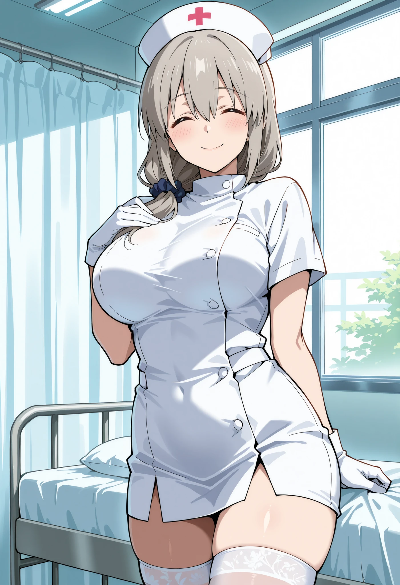 Score_9, score_8_up, score_7_up, source_anime, Tsuki Uzaki, solo, mature female, grey hair, hair over shoulder, hair scrunchie, hair ornament, hair between eyes, bangs, closed eyes, ^_^, large breasts, (best quality), (high quality), {masterpiece}, extremely delicate and beautiful, ultra-detailed, beautiful detailed eyes, nurse, nurse hat, ((white nurse's outfit)), white gloves, white thighhighs, hospital room, smile, closed mouth, standing