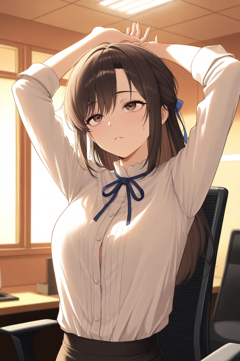 Italian girl, very long brown hair, super gigantic breasts, wearing a small shirt, wearing a black pleated mini skirt, her hair covering her breasts, bare feet, kneeling in the office