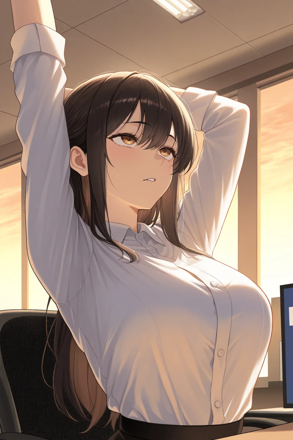 ((Highest quality)), ((masterpiece)), (detailed)　Cowboy Shot,　黒髪Long Hair　｛{{slitの入ったロングスカート}}｝　Contemporary mature adult woman sitting in chair　officeカジュアル｛{{スレンダーなofficeレディ}｝Exposing shoulders　深いslitの入った膝下スカート　Long Hair　｛{{No sleeve}}｝office　｛{{No sleeveボタンシャツ}}｝　belt　slit　watch　Exposed arms　