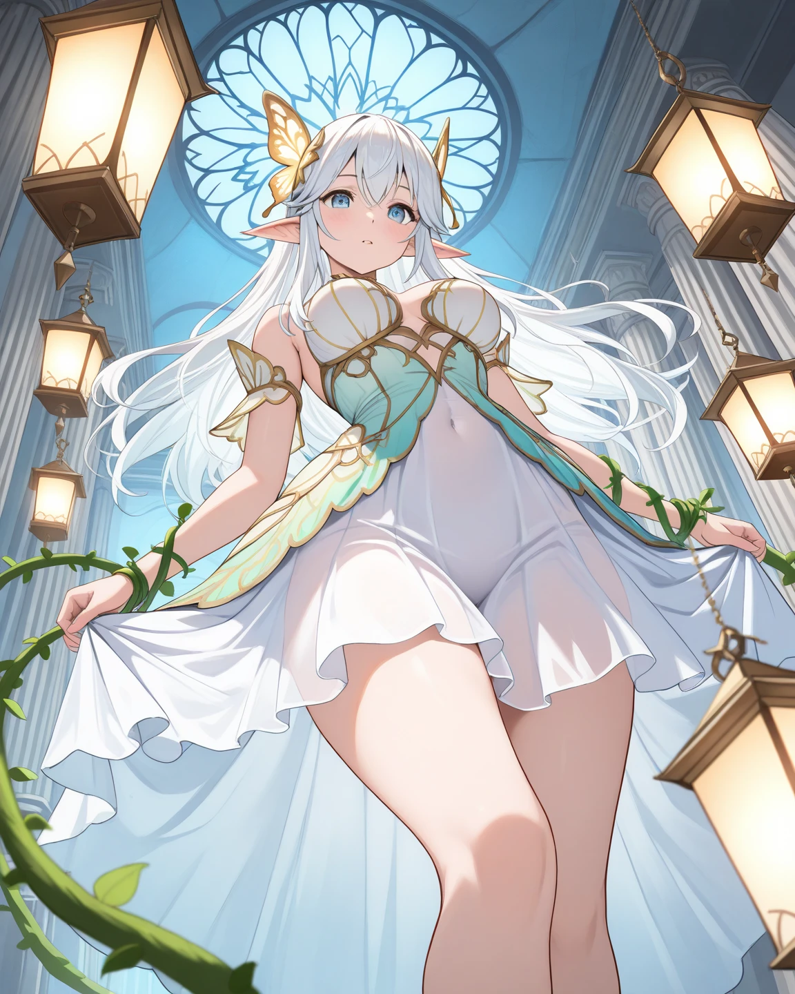BLADE_NIA, masterpiece, high resolution, nude anime girl in a wedding dress with flowers in her hands at the church, happy, blushing