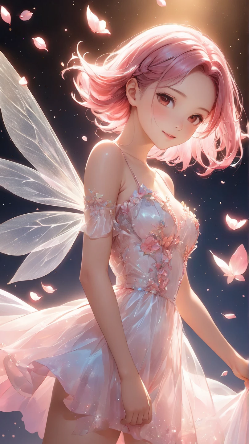 Flat Color、pastel colour、Highest quality、Fairy Girl、Bright and colorful hair、smile、Delicate hair、Highly detailed face、Beautiful cleavage、Whimsical、Perfect lighting、Otherworldly background、flower