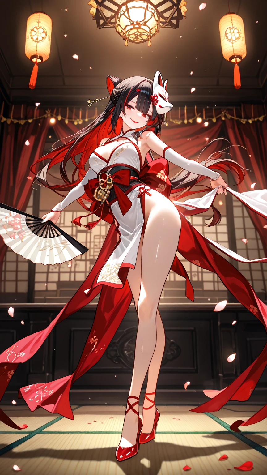1girl, solo, long hair, breasts, looking at viewer, bangs, brown hair, hair ornament, red eyes, ribbon, holding, cleavage, bare shoulders, twintails, full body, japanese clothes, shoes, barefoot, kimono, blurry, red ribbon, sash, mask, floating hair, obi, pink ribbon, shoes removed, single shoe