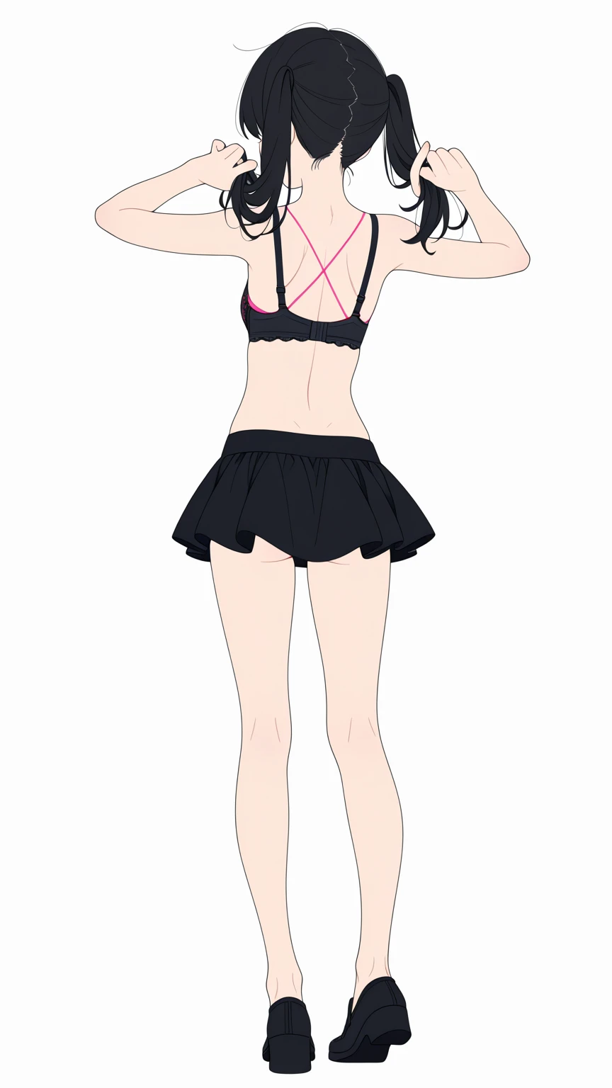 1girl, full body, crop top, mini skirt, blushing, brown eyes, very short brown hair, big boobs, white skin,  long eyelashes, eyeshadow,  small face, big eyes