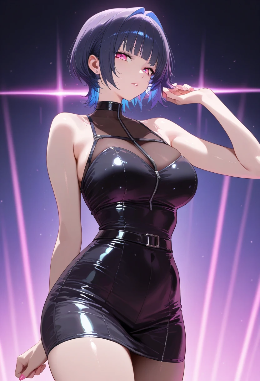 a beautiful woman in a tight black cloth outfit, accentuating her breasts and waist, matte clothing coloration, dark blue luminous hair, soaring
