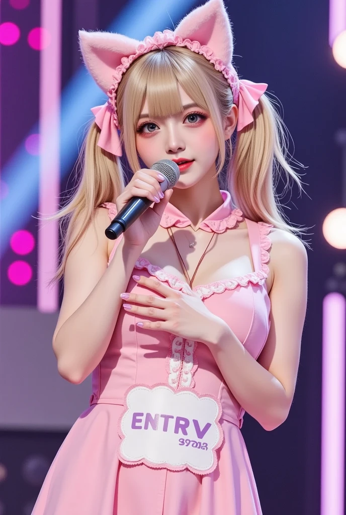 1girl, (Blue Eyes), cute smile, (Sana Minatozaki), wide hips, Big Boobs, big ass, (Best Quality, 8k, Masterpiece: 1.3)) ), Clear Focus: 1.2, Perfect Body Beauty: 1.4 , Slender Abs: 1.2, Wet Body: 1.5 , Highly detailed face and skin texture, detailed eyes, double eyelids, (long blonde hair), (gamer girl), (gamer headphones), white muscular, fishnet stockings, (hot pink skirt), (high heels), in a gamer room, neon lights