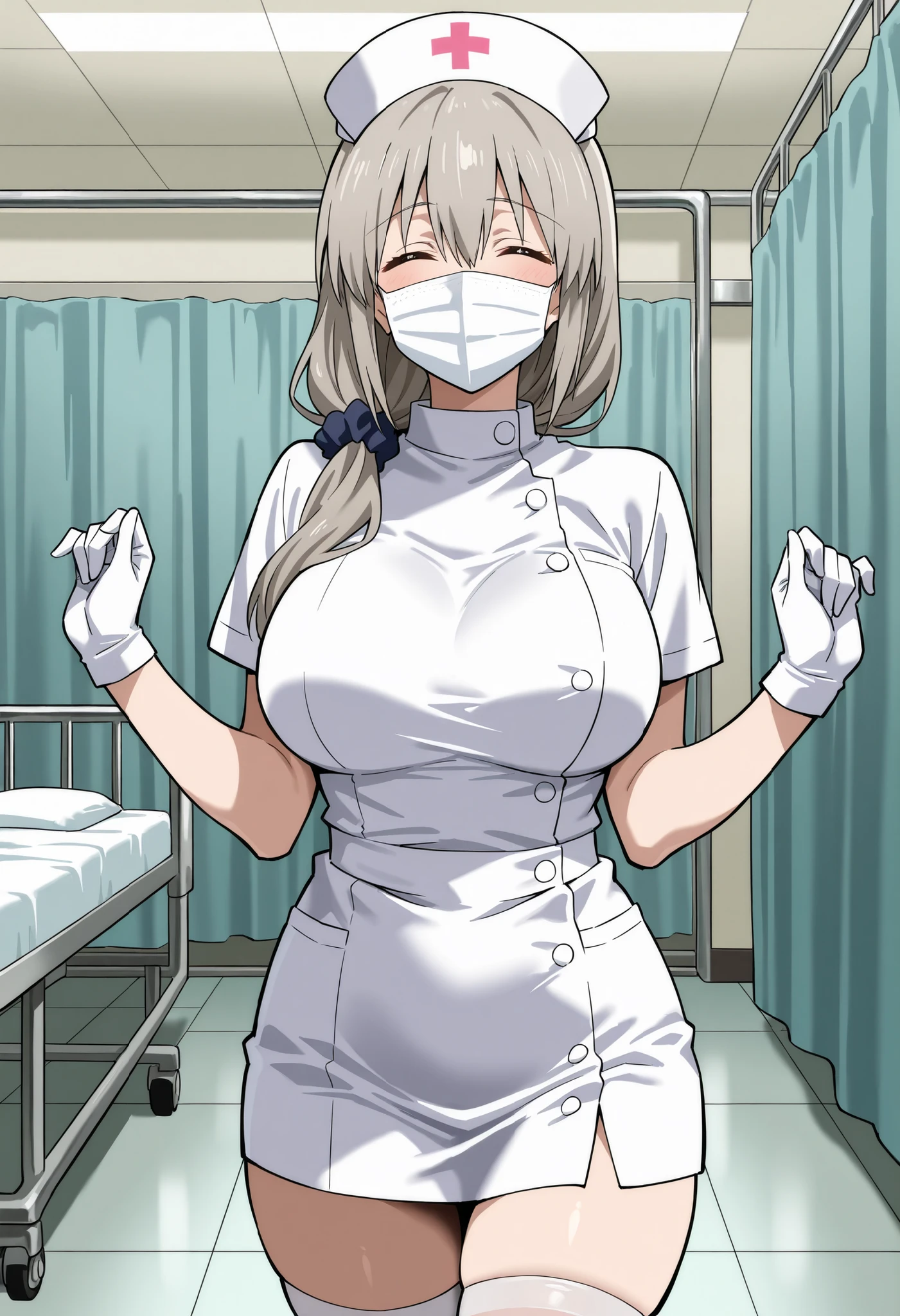 Score_9, score_8_up, score_7_up, source_anime, Tsuki Uzaki, solo, mature female, grey hair, hair over shoulder, hair scrunchie, hair ornament, hair between eyes, bangs, closed eyes, large breasts, (best quality), (high quality), {masterpiece}, extremely delicate and beautiful, ultra-detailed, beautiful detailed eyes, nurse, nurse hat, ((white nurse's outfit)), white gloves, white thighhighs, hospital room, ((white mask, mouth mask, covered nose)), standing