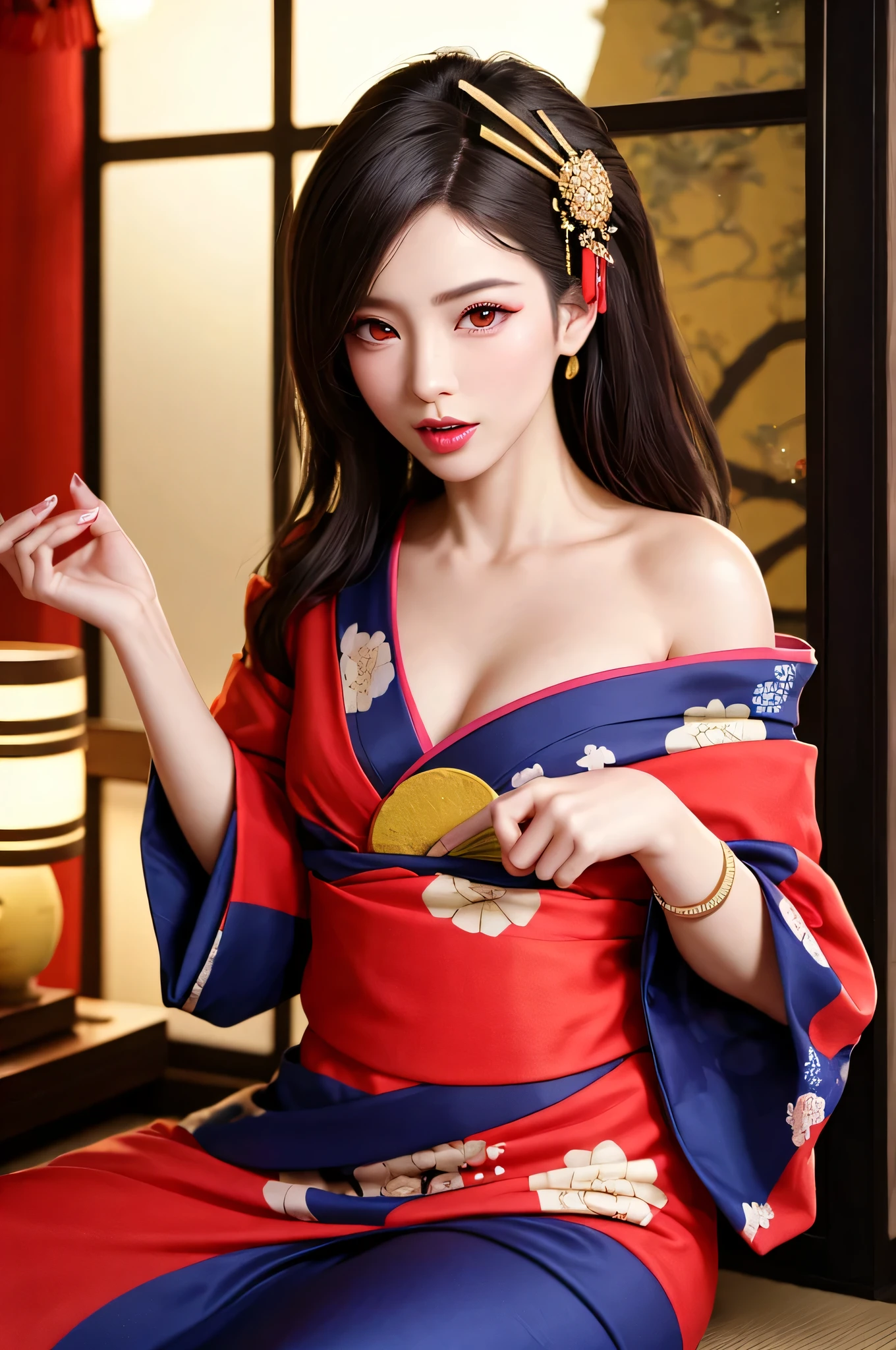 black hair, , Upper body, kimono, kimono, sash, compensate, lipstick, red nails, ,silk stockings , See-through hakama, ,ankle ,See-Through,, black nylon , silk stockings ,See-through、Plain,sheer ,enamel ,long hair