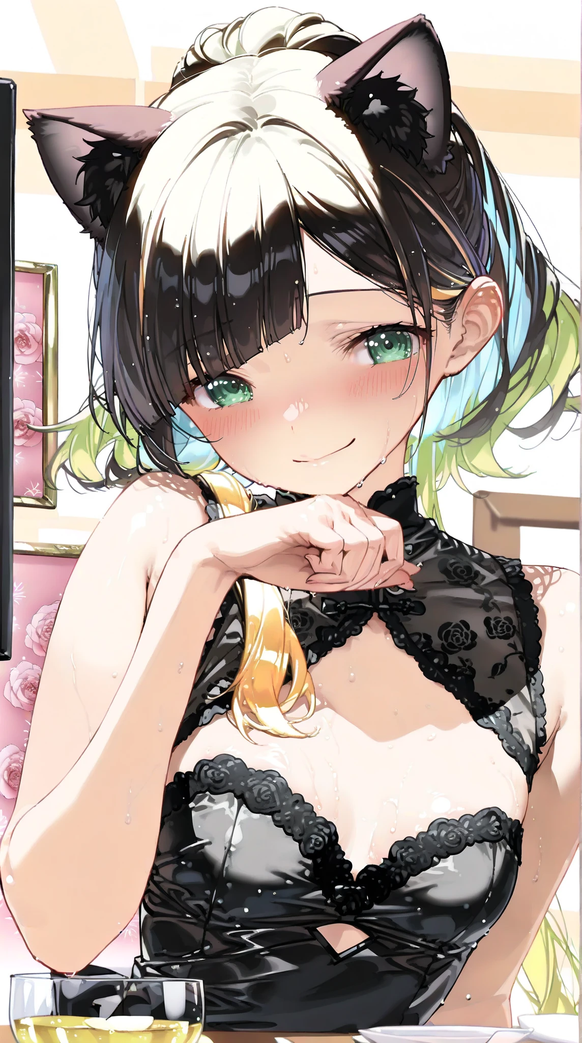 looking at viewer,looking up,from above,upper body,1girl,lick,Hands Behind Back,Tied with hands behind back,Beautiful 14 year old girl,Japanese,Slender,,Small breasts,Baby Face,Small face,Black Hair,one side up,Gray Eyes,one side up,Drooping eyes,middle School girls,A transparent black and green negligee,lingerie,Collar with leash,open mouth,tongue out,front face,Kneeling,Straight Stand,Beautiful and detailed anime art,Mischievous smile,On the bed,Sexy vibe,cum on tongue,Dimly lit room,Simple Background,Gray background,Low lighting