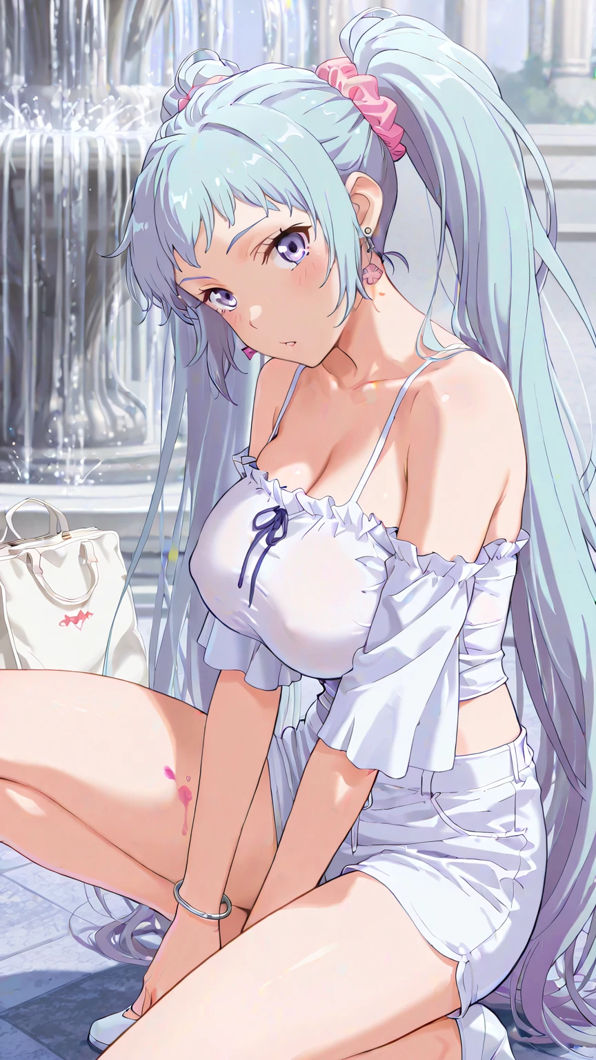 real situation,dynamic view,Real plastic model,shy crying face,female figure, slim figure. Big breasts,Put out the nipples,Silvery hair,See-through breast-exposed vinyl tank top,light blue see-through vinyl miniskirt,Shy pose,convenience store,