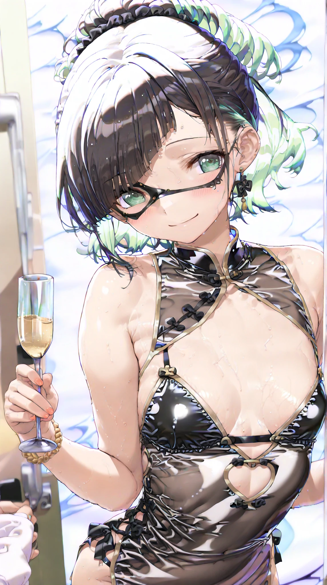 score_9,score_8_superior,score_7_superior,score_6_superior,score_5_superior,score_4_superior 、8k,1. Cute Japanese women、20-year-old、low length、slender、Bad attitude、Small breasts、Black hair color、Shaggy Hair、Brown eyes、Drooping eyes、(Bangs that cover one eye)、Elegant style dress、Face off-screen、Sit on the sofa、Have a Martini