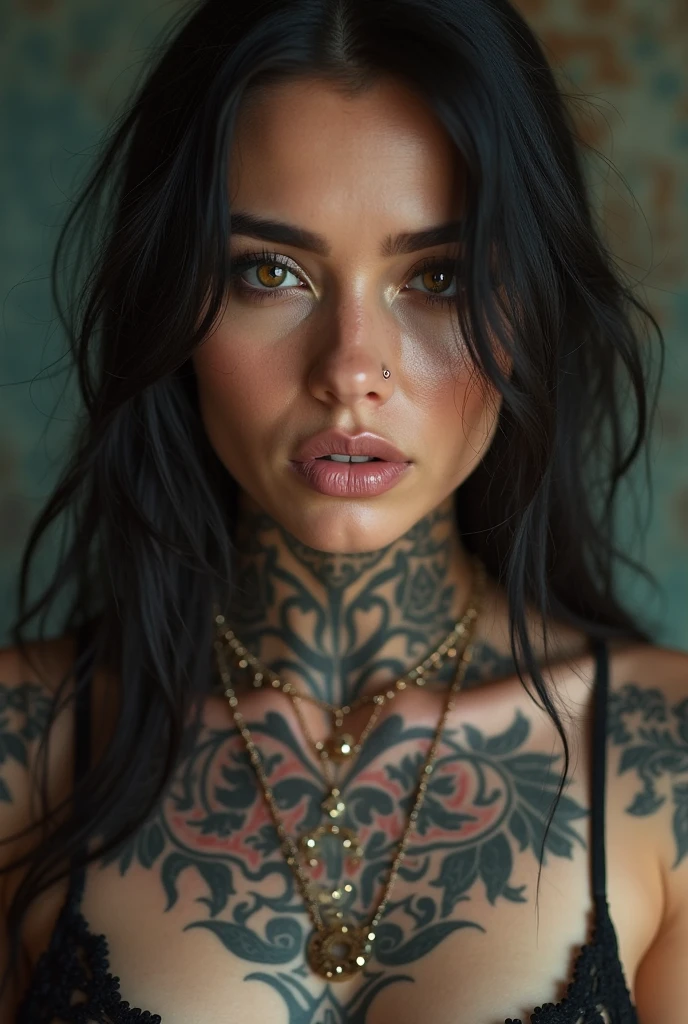 Sexy hot young girl . portrait raw photography ,hyper realistic , detailed face, intricate, realistic skin texture, Hot body, athletic body, Brazilian girl, tattooed girl, wearing a little sexy Black clothes. natural lighting. Dystopic abandoned background.