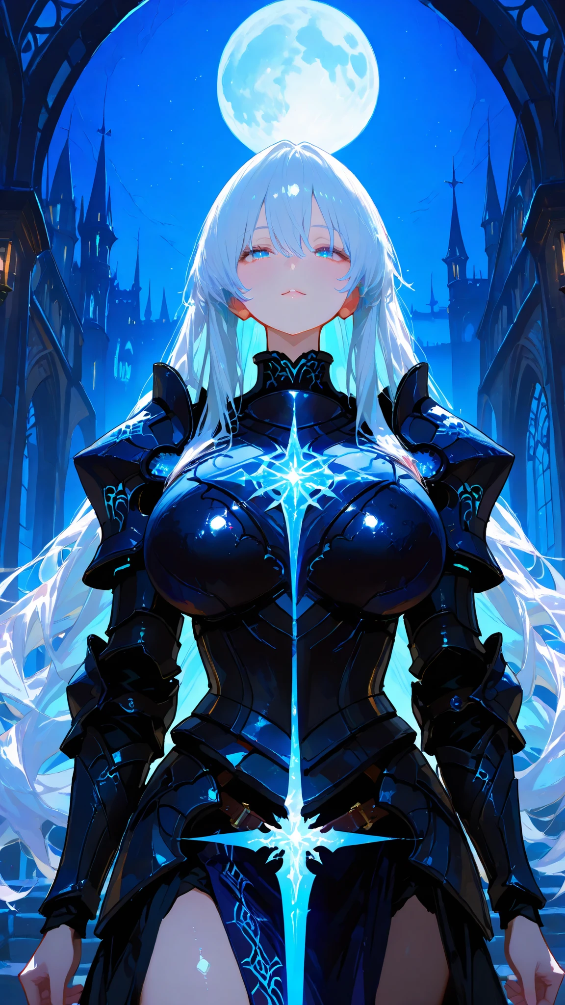 masterpiece, Ultimate Quality, ultra high resolution, 1 girl, light blue long hair, cool expression, Black heavy armor, Geometric pattern that emits blue light, night prairie, full moon, swaying lol , big breasts, medieval castle, Magical Light, fantasy, Reflection of Moonlight