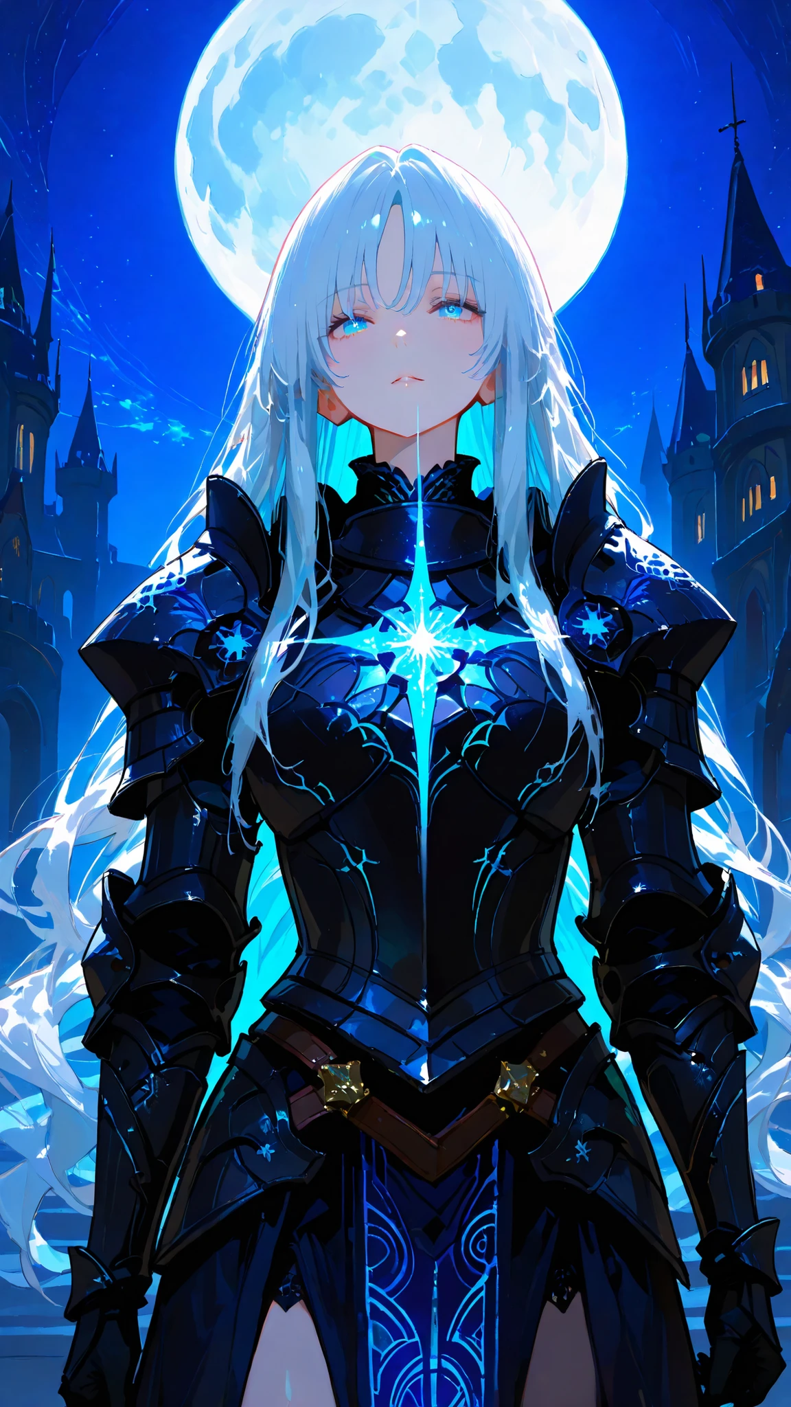 masterpiece, Ultimate Quality, ultra high resolution, 1 girl, light blue long hair, cool expression, Black heavy armor, Geometric pattern that emits blue light, night prairie, full moon, swaying lol , medieval castle, Magical Light, fantasy, Reflection of Moonlight