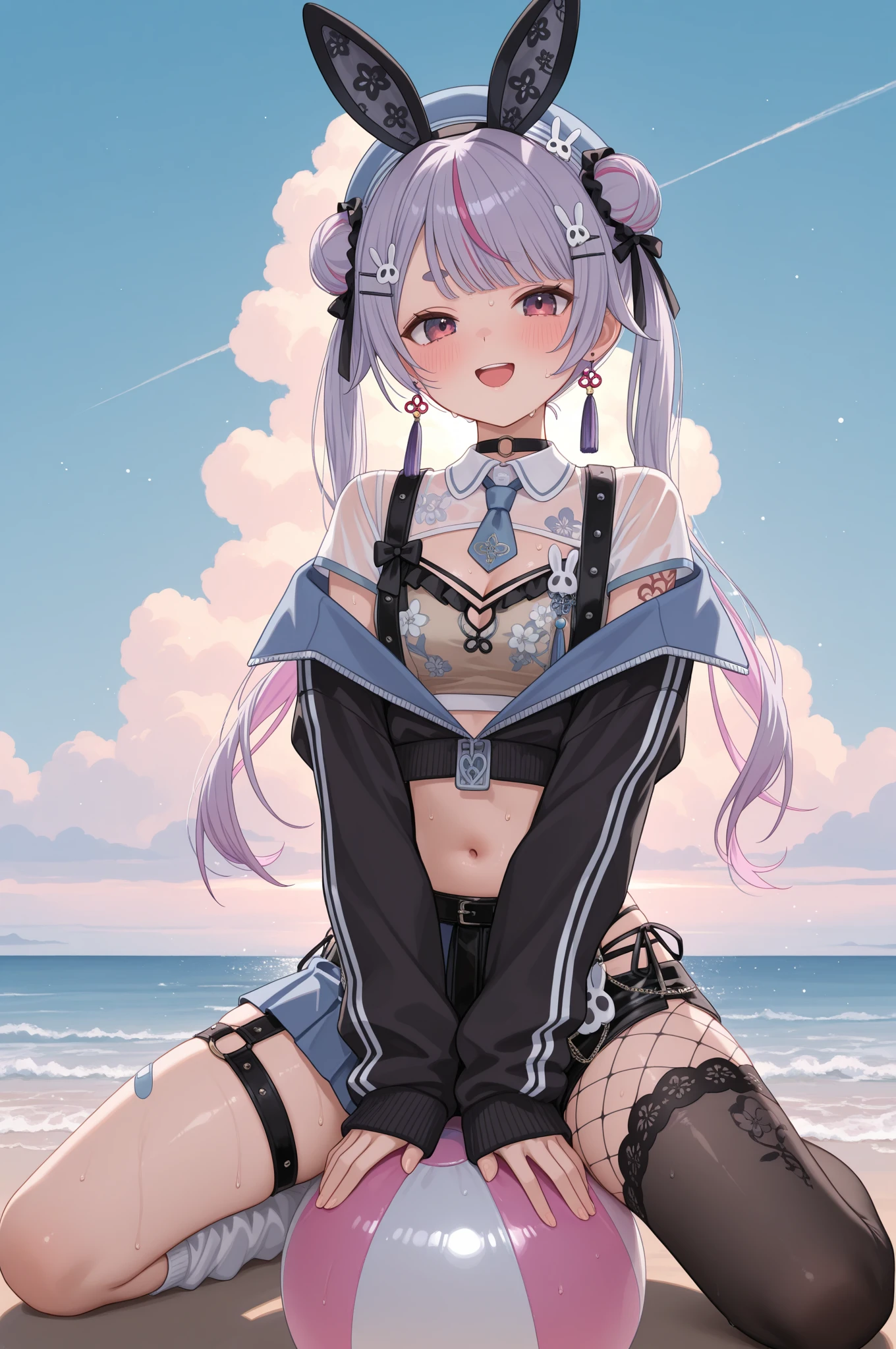 "A single girl with a decora street fashion-inspired look, rocking a crazy harajuku style. She wears legwarmers and big platform shoes, and has her hair styled in adorable pigtails. The scene is set at nighttime, hairpins, accesories, bunny ears with pattern inside, striped "