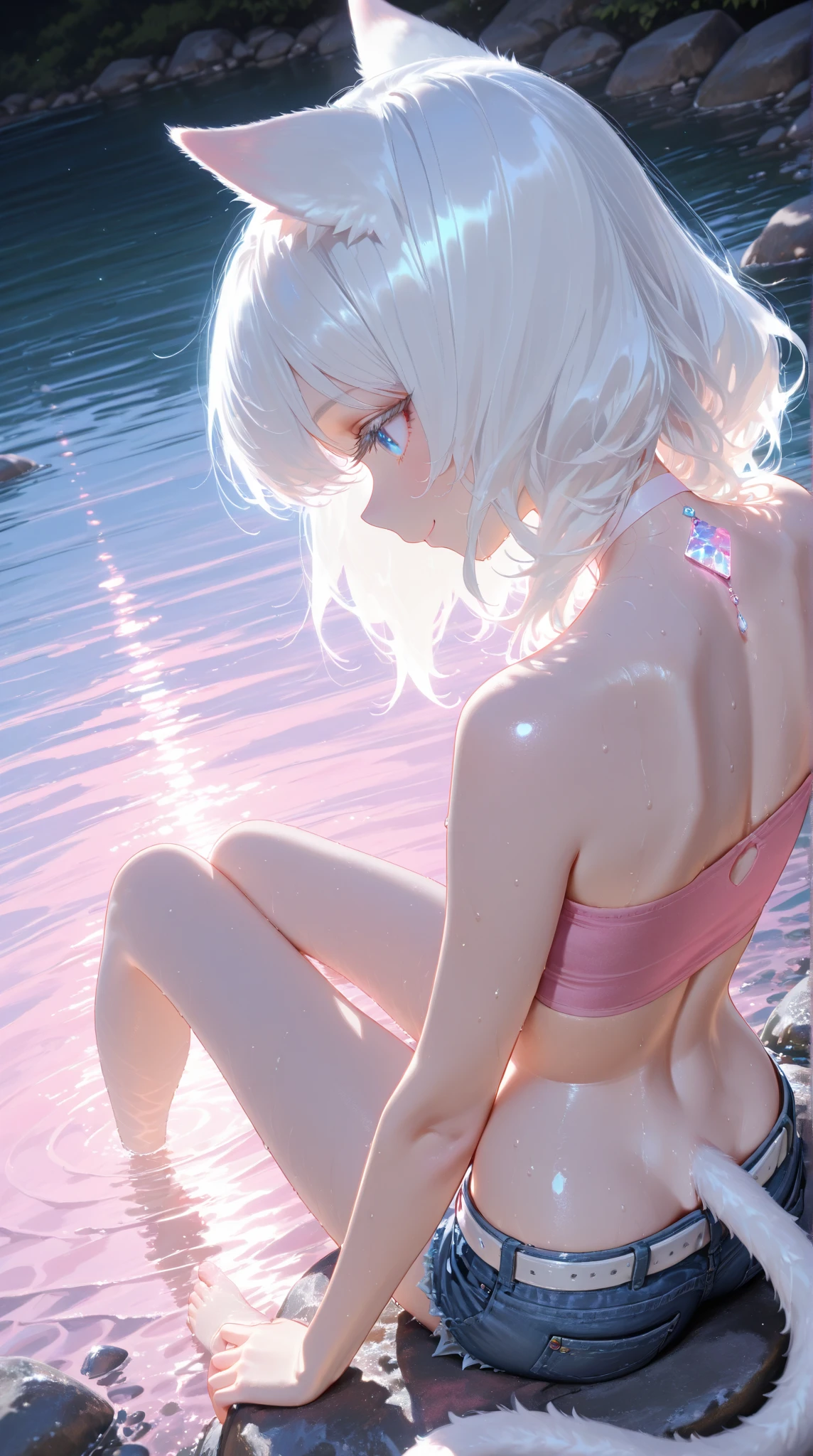 realistic, 1girl, white hair, purple eyes, glowing eyes, crop top, skirt, parted lips, blush, night, flowers, sun, sunlight, wet, naked girl,