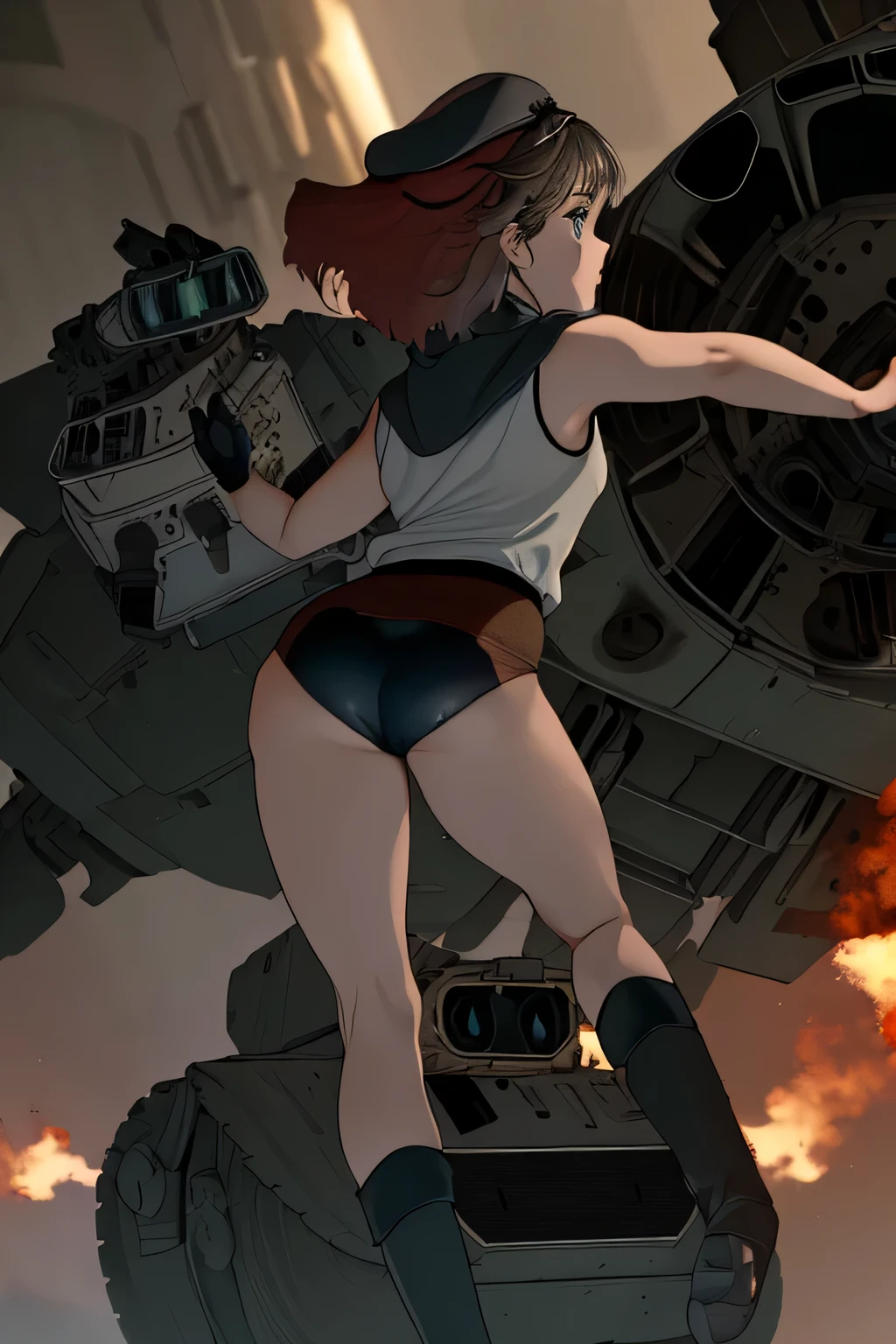 masterpiece , best quality, highres ,1girl,black long hair ,Angry face , beret, blue eyes, black gymnastics bloomers,high leg,self wedgie , flat chest , sleeveless,Victorian blouse, gloves, ultra detailed , Standing, (masterpiece, best quality, anime style, realistic military theme, tactical movement), girl in modified modern military uniform, tactical jacket and black gymnastics bloomers,high leg ,self wedgie,with armor pads, equipped with assault rifle held at the ready, moving alongside a modern main battle tank, dust and debris in the air, crouched or low-running posture, alert expression, helmet with headset and goggles, utility belt and combat boots, battlefield background with smoke, destroyed buildings, spent shells, cinematic lighting and war atmosphere
wearing a black gymnastics bloomers,high leg ,self wedgie,vomiting blood,squating,explosion,vomiting blood,arched back