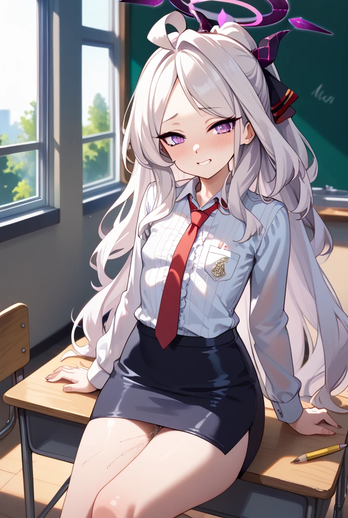 masterpiece:1.2, best quality, ((ultra detailed)), high resolution, 2d, anime style , photo, detailed background, (1girl),cute face,long hair,(silver color hair),black pantyhose, smile ((red lips;1.2)), Standard chest,BREAK solo,(droopy eyes:1.3),17 years old,((light pink eyes;1.2 )), beautiful thighs, embarrassed, BREAK classroom windows background, sitting in chair,,serafuku BREAK pastel colors:1.4, solid paint:1.2, saturated color