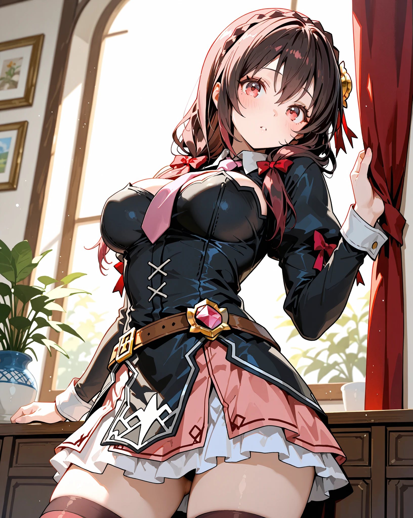 1 Female,High definition,high resolution,Ultra-realistic,8K, aki1, izayoi aki,choker,,solo, elbow gloves, gloves, jewelry, cleavage, necklace, black gloves,European,sexy,Upper body close-up,Photographed from the front,Dynamic Angles,blush, (big tits ), happy, wink the eye,facial, sweat ,(wide thighs:1.4),(white lace panties),(show panties),(from below),(skirt lift:1.4)