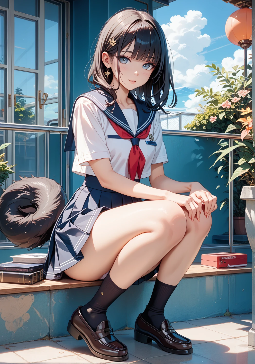 ((Masterpiece: 1.3)), ((Absolute Resolution: 1.2)), ((Highest Quality: 1.4))), ultra-detailed, super-detailed face, complex and detailed eyes, one girl, slick nasal bridge, detailed mouth, meticulous and cute smiling expression, realistic bumps on human body, silky smooth hair texture, (excited face and humiliated, (( realistic skin)), ((stylish and cute designed school uniform: 1.6, black stockings:1.4)), ribbons, hat, ruffles, lace, girl with one-length bob-cut braids, adornments of cute design appropriate for her age, (sitting pose with legs spread left and right and hips floating: 1.3), Innocent hand motions, (white skin:1.3), softly swaying breasts filled with large amounts of fat, cinematic lighting, perfect shading, (((cute nursery))), shaded realistic lighting, Reflecting the whole body