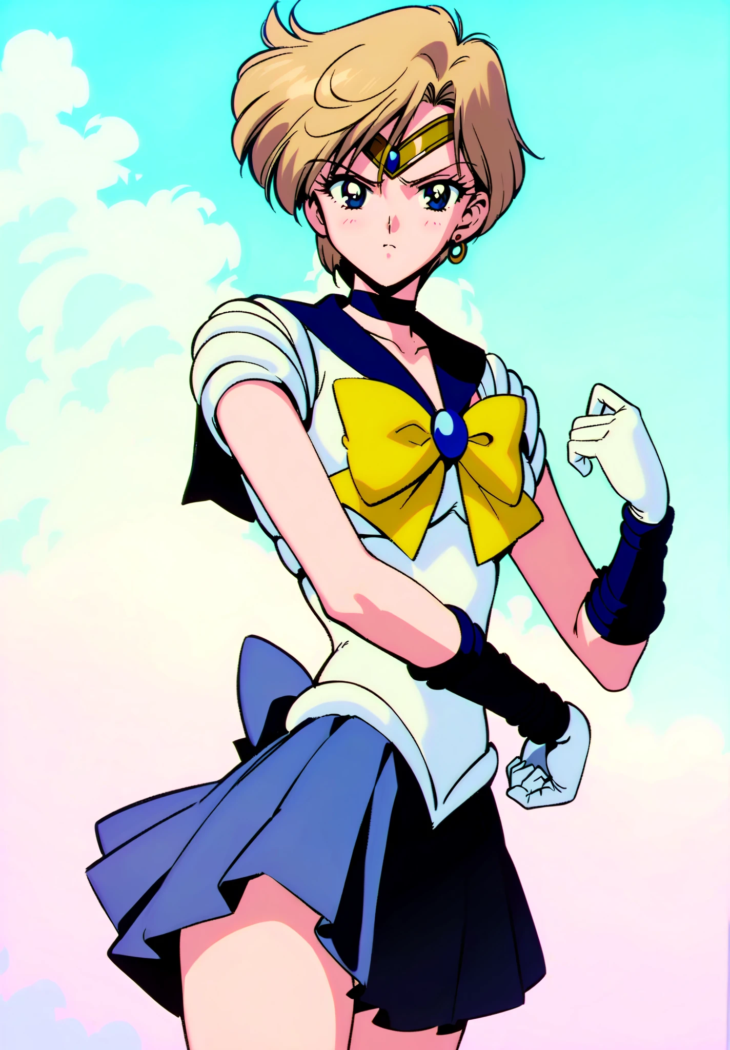 masterpiece,best quality,very aesthetic,absurdres,1990s \(style\),1girl,solo,Sailor Uranus XL,sailor senshi uniform,blue eyes,short hair,very short hair,tiara,1earrings,skirt,sailor collar,blue sailor collar,choker,blue skirt,blonde hair,bow,blue choker,yellow bow,white gloves,serious,sky,wind,cowboy shot,