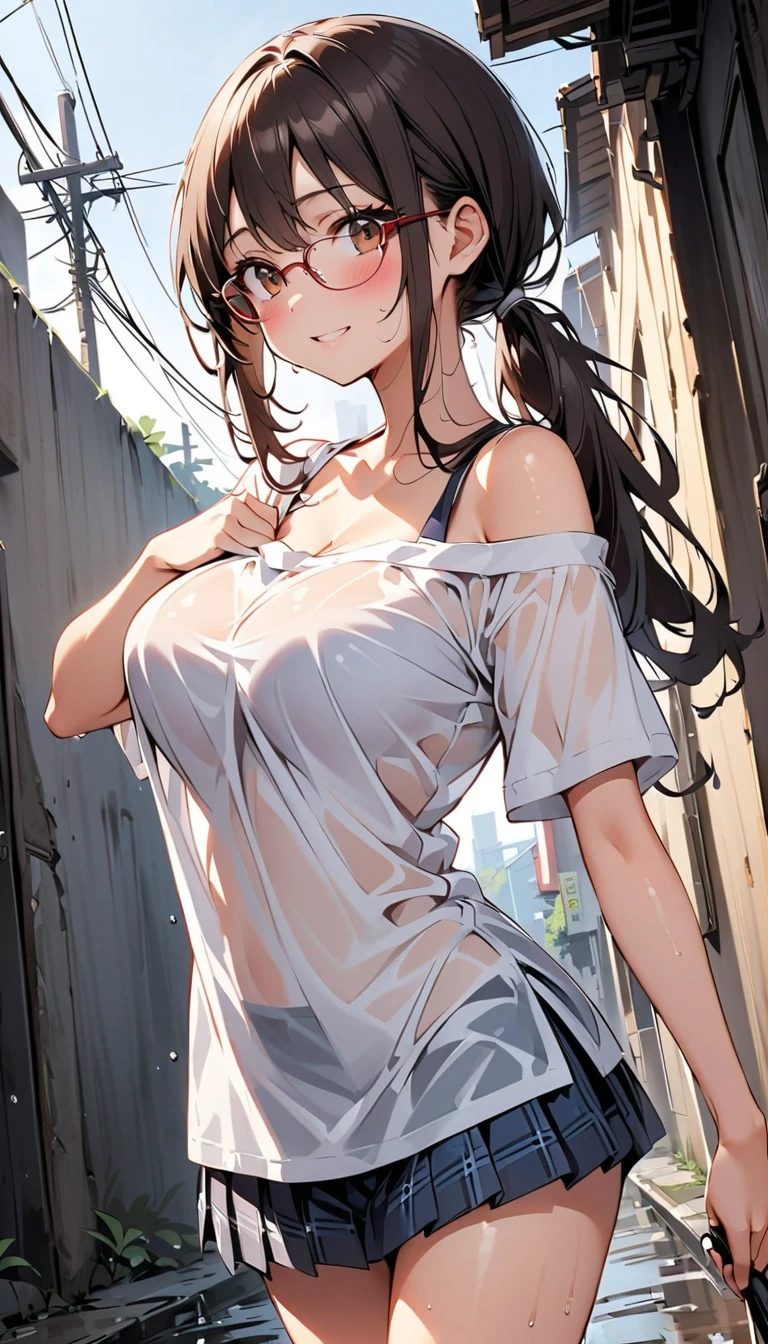 All intricate details: "(masterpiece, best quality, Nobara Kugisaki- anime: Jujutsu Kaisen, 1girl, perfect body, solo, blush, symmetrical face, twintails, long hair, hair between eyes, ((very short street wear very short clothes)), city, outdoors, night, extremely detailed, ropa muy delgada y transparente como el aire, very open legs, firm breasts, medium breasts, smooth, high resolution, ultra quality, extremely thin and light clothing transparent as air, open clothing, 15% dree, cinematic lighting, ambient occlusion, extremely detailed anime, Extremely wide diamond neckline, all clothes unbuttoned and open, detailed faces, perfect composition, wide shot, atmospheric lighting, very sexy, lift skirt, random low angle, respetuoso sin censura, image suitable for adults, nsfw , uncensored)