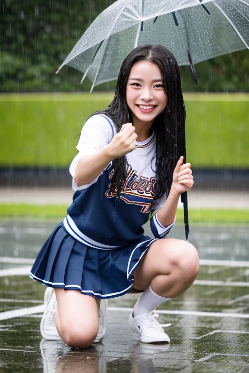 (highest quality、8k、High resolution、masterpiece:1.2)、Young and beautiful woman、Big Breasts、(Spread your legs)、(Squat)、(Excited expression)、(White shirt、A bow tie、tartan mini skirt、White panties:1.3)、(heavy rain:1.55)、(Motion Blur Effect:1.5)、(Wet body)、Busy street at night、neon、(Looking at the camera)、