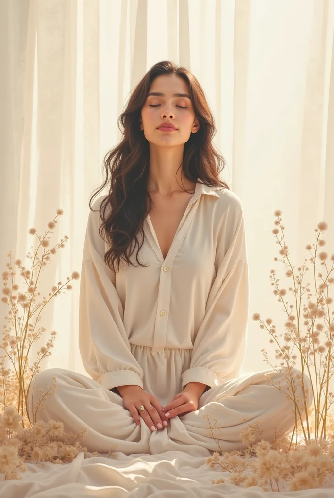 White background、Realistic(masterpiece、Highest quality)、Long Hair Woman、Hair color is dark brown、Japanese mature woman、smile、whole body、Large Breasts、Emphasize the chest、Gold-colored silk pajamas、Belly button showing、45-year-old woman、Mature Woman、Pure white background