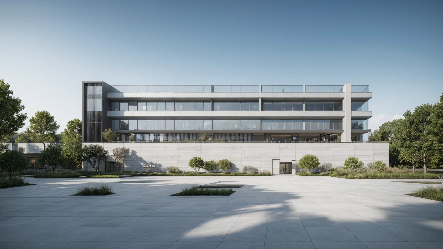 iA modern corporate office building with raw white concrete exterior walls, minimalist and clean architectural style. The structure is multi-story with wide windows, minimal glass facade, sleek design lines, and a contemporary main entrance. Surrounded by green lawn and clear blue sky, with flags fluttering at the front. A company logo is displayed on the facade. Shot in daylight from a cinematic wide-angle perspective. The image should be hyperdetailed and photorealistic, 50mm f/2.8 cinematic depth of field, ominous undertones, dynamic lighting, CGI VFX, 8k ultra-fine detail, unreal engine 5 realism, perfect natural colors, extremely photorealistic