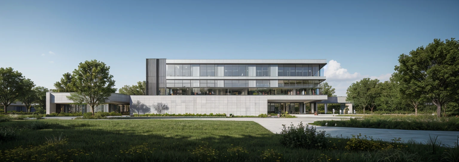 iA modern corporate office building with raw white concrete exterior walls, minimalist and clean architectural style. The structure is multi-story with wide windows, minimal glass facade, sleek design lines, and a contemporary main entrance. Surrounded by green lawn and clear blue sky, with flags fluttering at the front. A company logo is displayed on the facade. Shot in daylight from a cinematic wide-angle perspective. The image should be hyperdetailed and photorealistic, 50mm f/2.8 cinematic depth of field, ominous undertones, dynamic lighting, CGI VFX, 8k ultra-fine detail, unreal engine 5 realism, perfect natural colors, extremely photorealistic