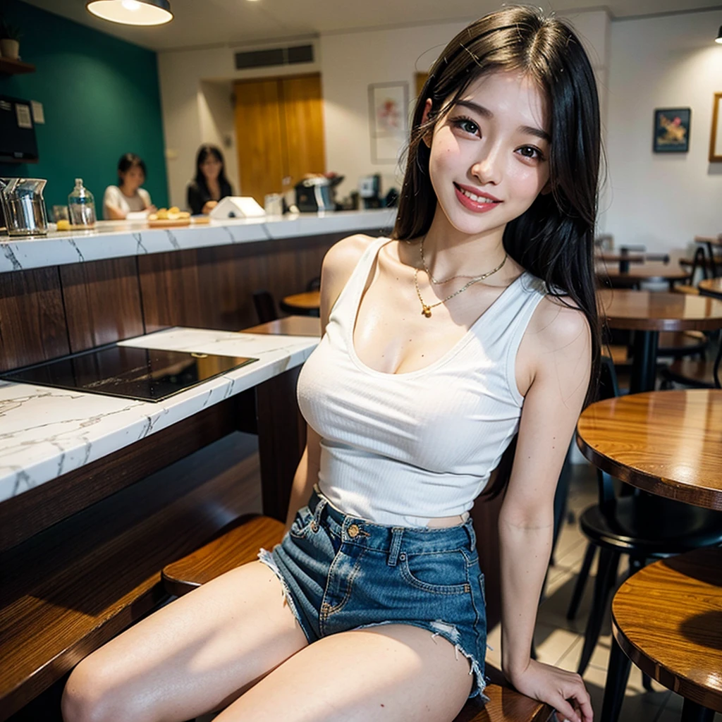 ultra-detailed, 1 girl, Asian, athletic body, realistic skin texture, long hair, (breasts:1.0), (smile:0.8), gaze at viewer, tube top, hot pants shorts, micro mini skirt, movie lighting, face focus, fine eyes, detailed face, well lit face, overcast lighting, outdoor cafe in background, nice thighs