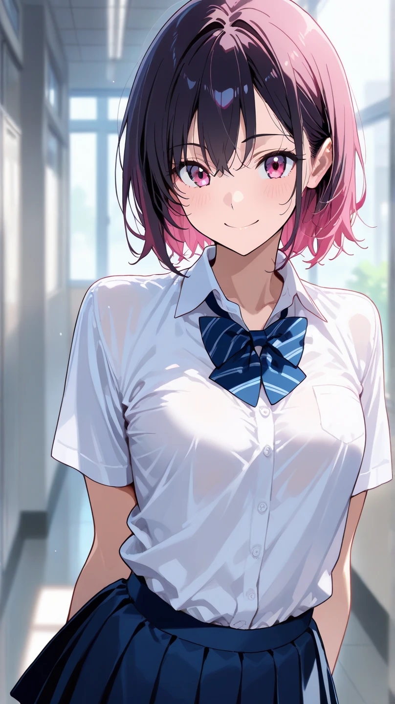 best quality, masterpiece, portrait, close up, upper body,
1girl, yuigahama yui, pink hair, brown eyes, short hair, single hair bun, medium breasts, school uniform, black jacket,
indoors, classroom,
looking at viewer, smile
<lora:Kizuki - OreGairu - Yuigahami Yui:0.90>