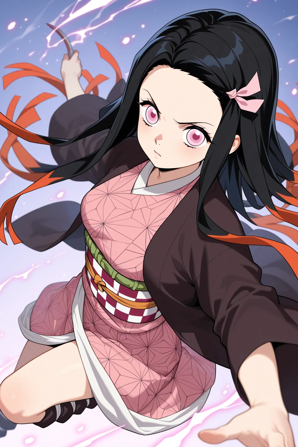 1 woman, full body, nezuko kamado oni mode, demon slayer, Kimetsu no yaiba, beautiful, long hair, pink eyes, perfect, ultra hd, naked, showing her breasts, showing her pussy, nails like claws, perfect feet, demon slayer scenario, under a sakura tree, sakura leaves falling from the sky face ira, beautiful feet, beautiful pussy, beautiful teets