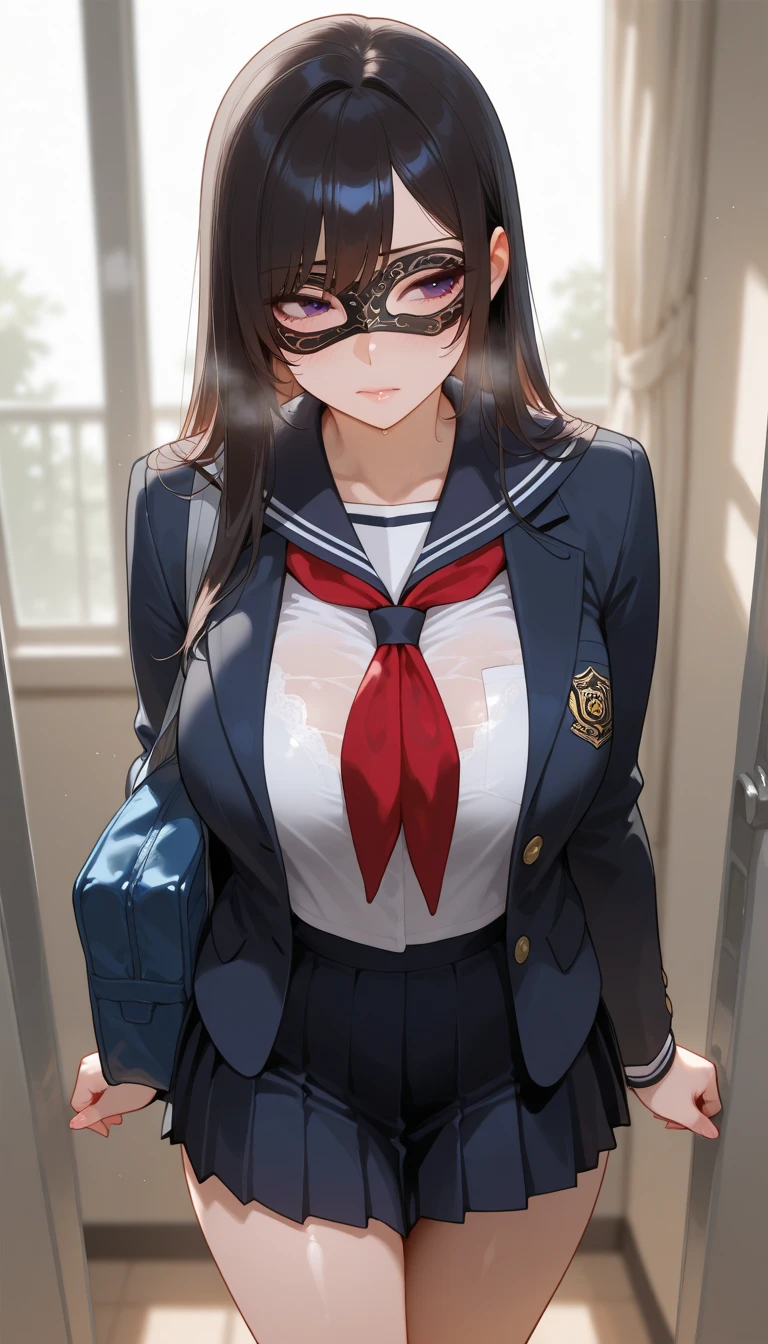 ((Highest quality)), ((masterpiece)), (detailed), , sexy, uniform、Wet clothes、Dark atmosphere, high school girl、10th Generation、Very stylish、Beautiful breasts、Soft SM, (nsfw), arched back, bed, buzzer, Masturbation, (2girls), kiss, blindfold