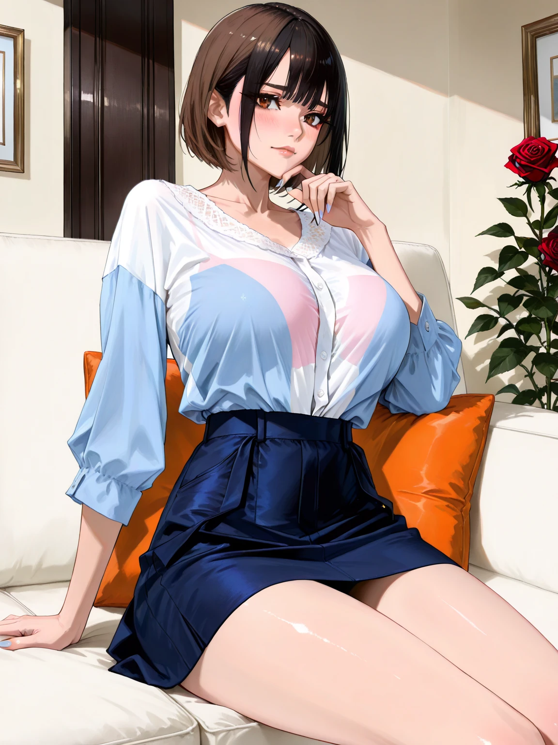 NSFW,Highest quality, Official Art, masterpiece, Fabric Shading, High resolution, Very detailed, colorful, Best details, (Adult,19 years old, One Girl, transformation:1.5, Bitch, Long Hair, Brown Hair, White T-shirt、Long Skirt、Exposed in the city, skirt lift, Showing off her high leg panties and stockings,