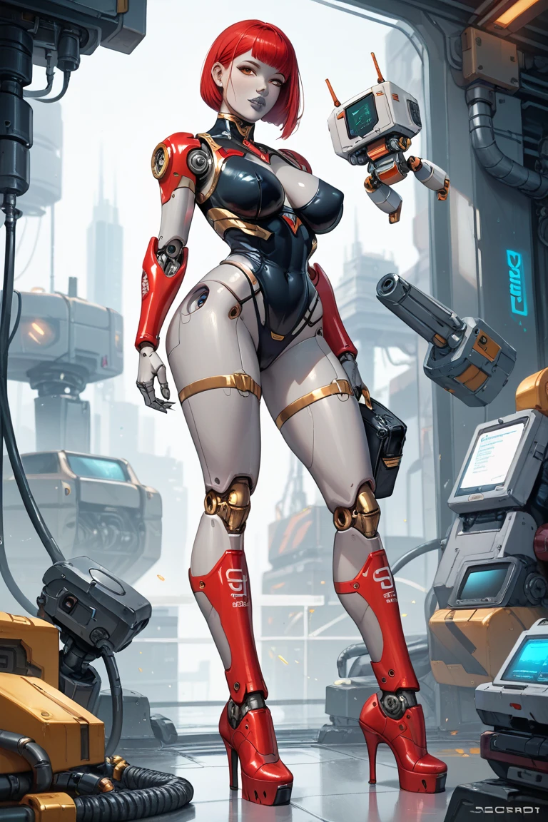 best quality,masterpiece,illustration,full body,Mecha,(Solid color:1.4),machinery, Mecha, 1girl, solo, science fiction,red border, hood,bunny girl,Rabbit ear,large breasts, bare full body, machinery foots,