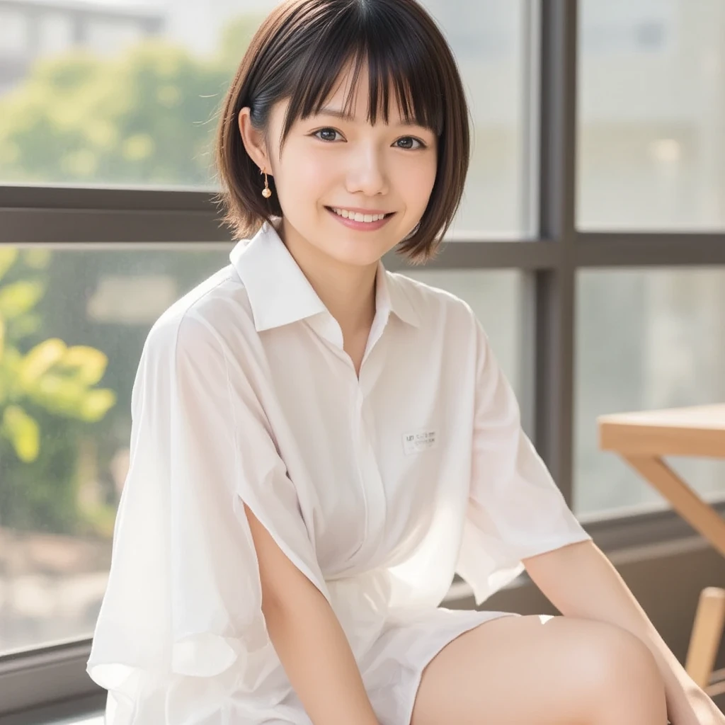 (8k, top quality, masterpiece: 1.2), (realistic, photorealistic: 1.37), super detailed, girl 1 person, 17 years old, solo, small breasts, beautiful detailed sky, detailed café, night, (blush), (smile: 1.15), (closed mouth), small, (shirt with collar: 1.1), night, wet, office clothes, rain, white lace, (short hair: 1.2), floating hair NovaFrogStyle, random sexy poses,
