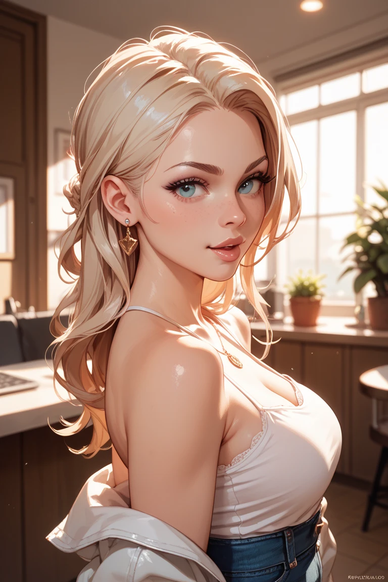 (best quality: 1.2), clean face, (masterpiece: 1.2, 8k) perfect anatomy, 1 girl) a beautiful fashion model ,(masterpiece, official art, best quality shiny hair, blonde hair with streaks in hair, full lips, big breasts, slutty outfit, cleavage, shiny breasts,shiny skin, looking at viewer, (slave dancer outfit), long abdomen, horizontal, lounging, a single girl