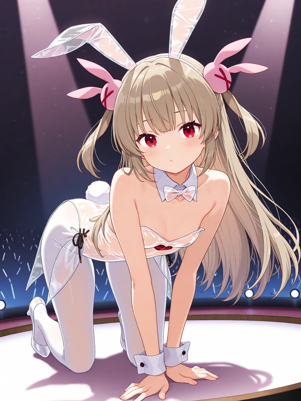 (Best Quality)++,(masutepiece)++,(ultra-detailliert)++,Blonde woman with rabbit ears lying cross-legged on the floor, Sweet Ultra Real Bunny, White Sox Anime Barbie, bunny leg, bunny, long white stockings, Very sexy pose, pretty face with arms and legs, lola bunny fanart, bunnygirl, Sexy Pose, With bunny ears, With bunny ears, White Sox,(eyeshadows),red lipsticks