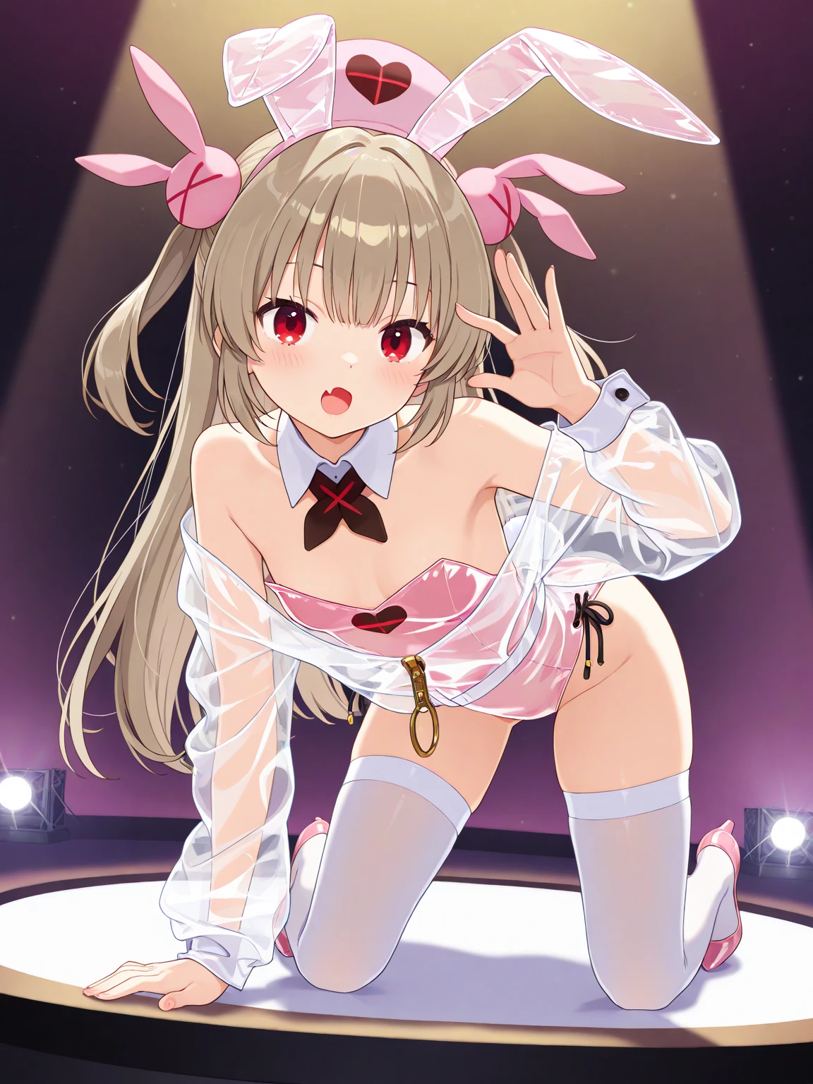 masterpiece, best quality, highres, aaillya, long hair, two side up, hair ornament, small breasts, magical girl, cape, yellow ascot, pink dress, sleeveless, detached sleeves, white gloves, white skirt, pink thighhighs, upset, open mouth, covered nipples, pussy, miniskirt, no panties, pubic hair,