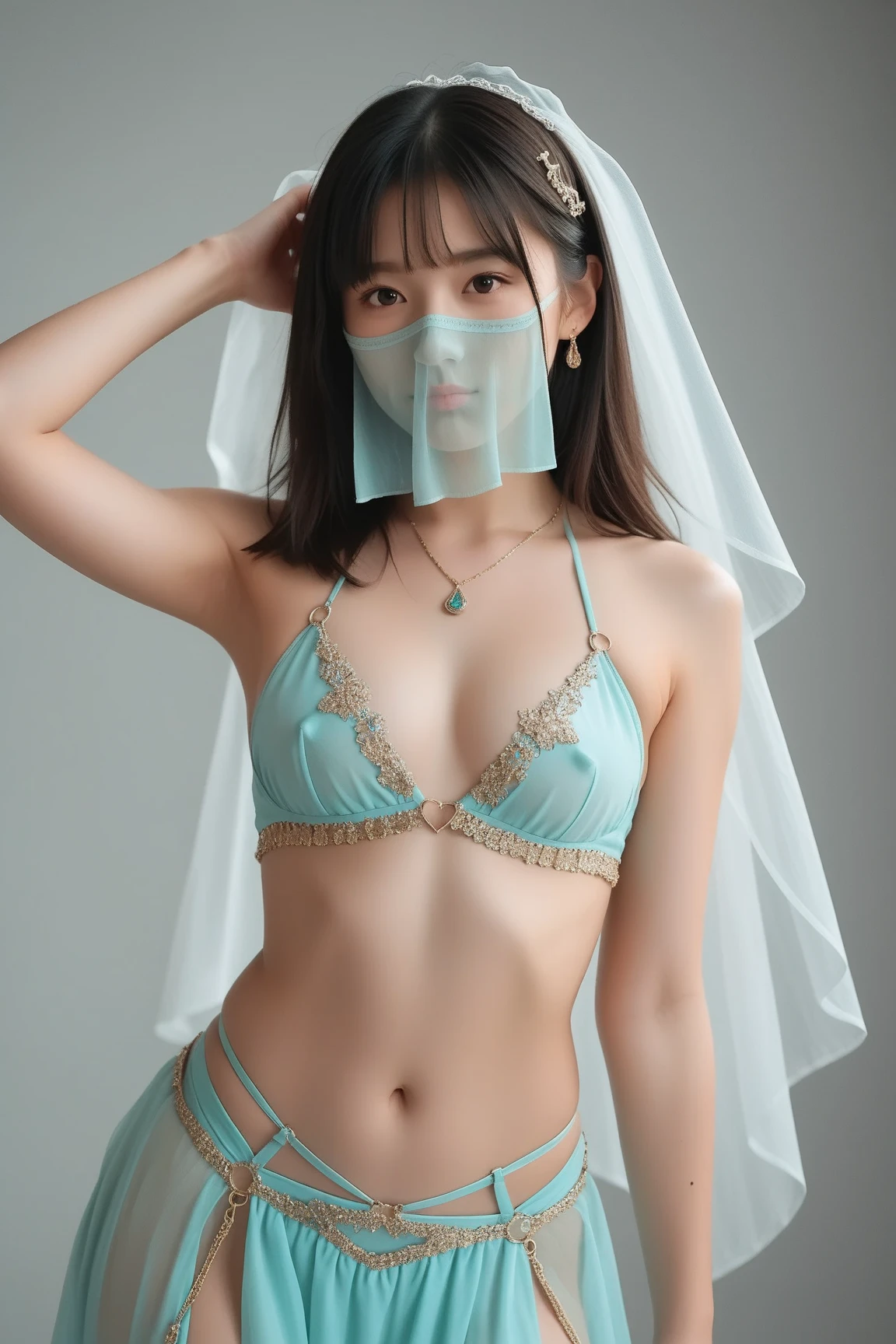 Too realistic, beautiful, หน้าตาcute, Russian Lolita girl, 18 years old, (wear hijab), Seethru sexy light blue lace bikini, open breast, Breast removed, bare, tits, small round breast, Luxury necklace, white skin, dark city background, Medium shot, upper body, Perfect portraits, เอฟเฟกต์Bokeh, Look at the viewer., armpit, perfect eyes, perfect hand, perfect finger, bracelet, ring, (small breast), ((cute:1.2)), ((Masterpiece:1.1)), ((Bokeh:1.2)), (dynamic seductive pose), seductive smile, Flirtatious eyes