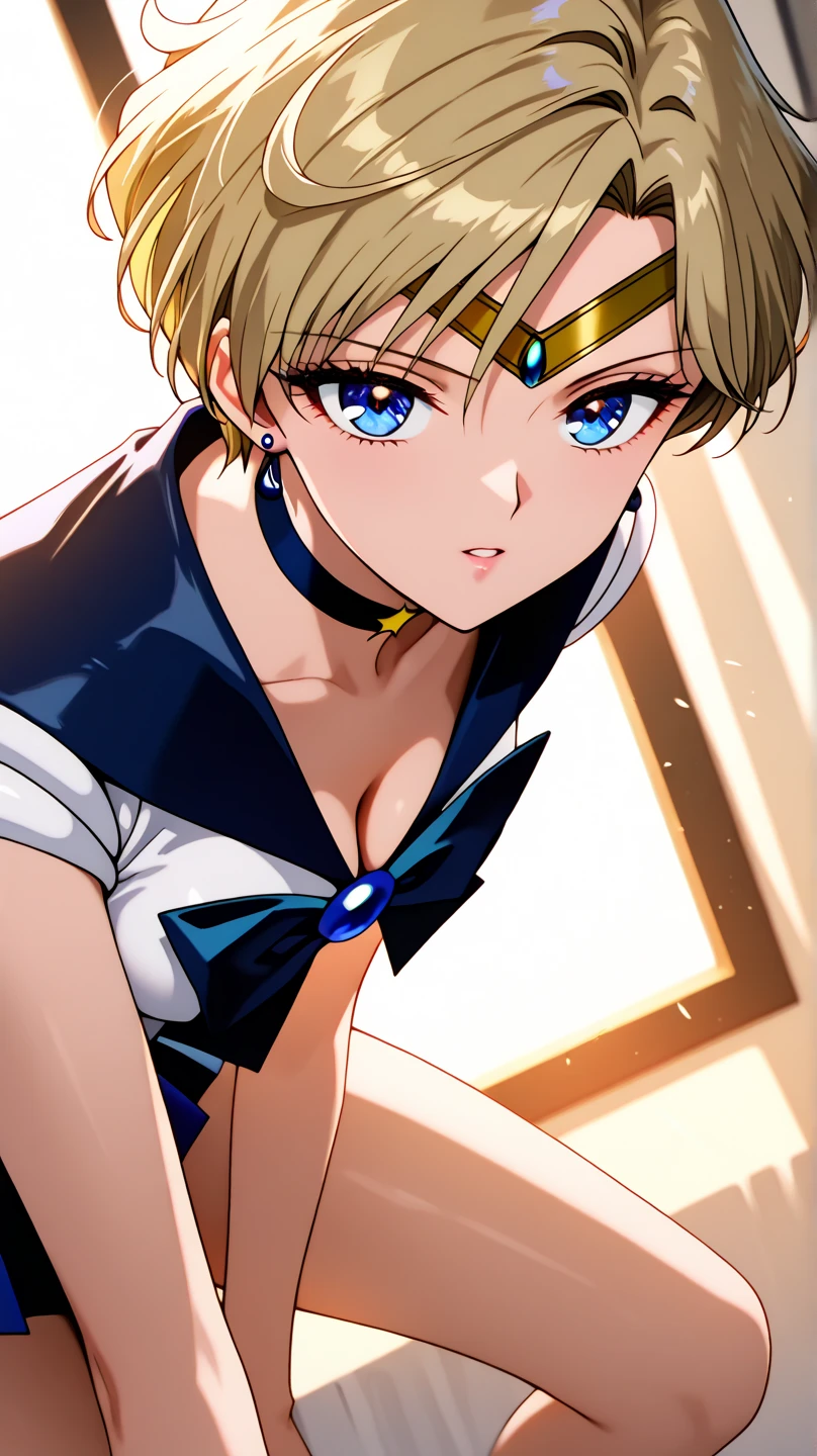 NSFW (Highest quality:1.1), (masterpiece:1.4), (Absurd:1.0), Cool look, close, 1 , {Sailor Uranus} Sailor Warrior Uniform, Sailor collar, Chest Bow, Yellow ribbon, Pleading Skirt, White elbow gloves Aqua Eye, Blonde Hair Erect nipples {{{{{topless}}}}}++ Bedroom Mood lighting (blush:1.2)
