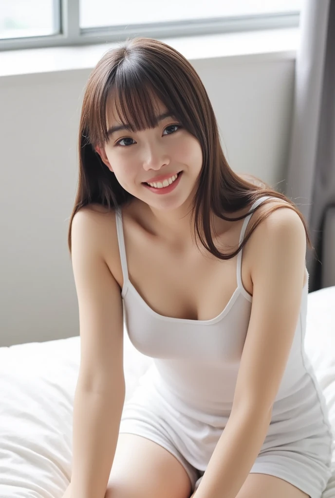 (8K), (highest quality), (table top:1.2), (realistic), (realistic:1.0), Super detailed, 1 girl, cute, smile, detailed and beautiful eyes, beautifully detailed nose, full body, medium breasts, Wearing lingerie, white socks, The texture of the socks should be natural, on all fours, from behind, realistic skin texture, fascinating face, Half Korean and half Filipino,
