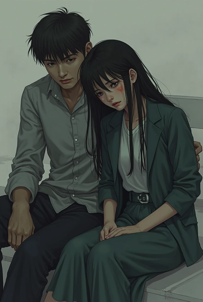 there are two asian people sitting on a window sill, ulzzang, lovely couple, cai xukun, sakimichan, couple pose, jk uniform, white hime cut hairstyle, jinyoung shin, male ulzzang, official, with bangs, jia, inspired by Ma Yuanyu, kim doyoung, nixeu and sakimichan, sha xi