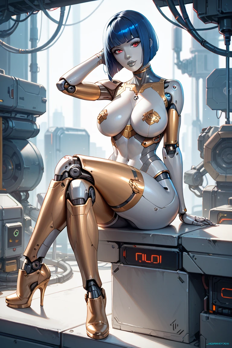 18 years old woman type cyborg, ((full body)), ((nude)), armored for fighting with aliens' space ship, beautiful chest, sitting in the operating room with her legs spread apart, from front below
