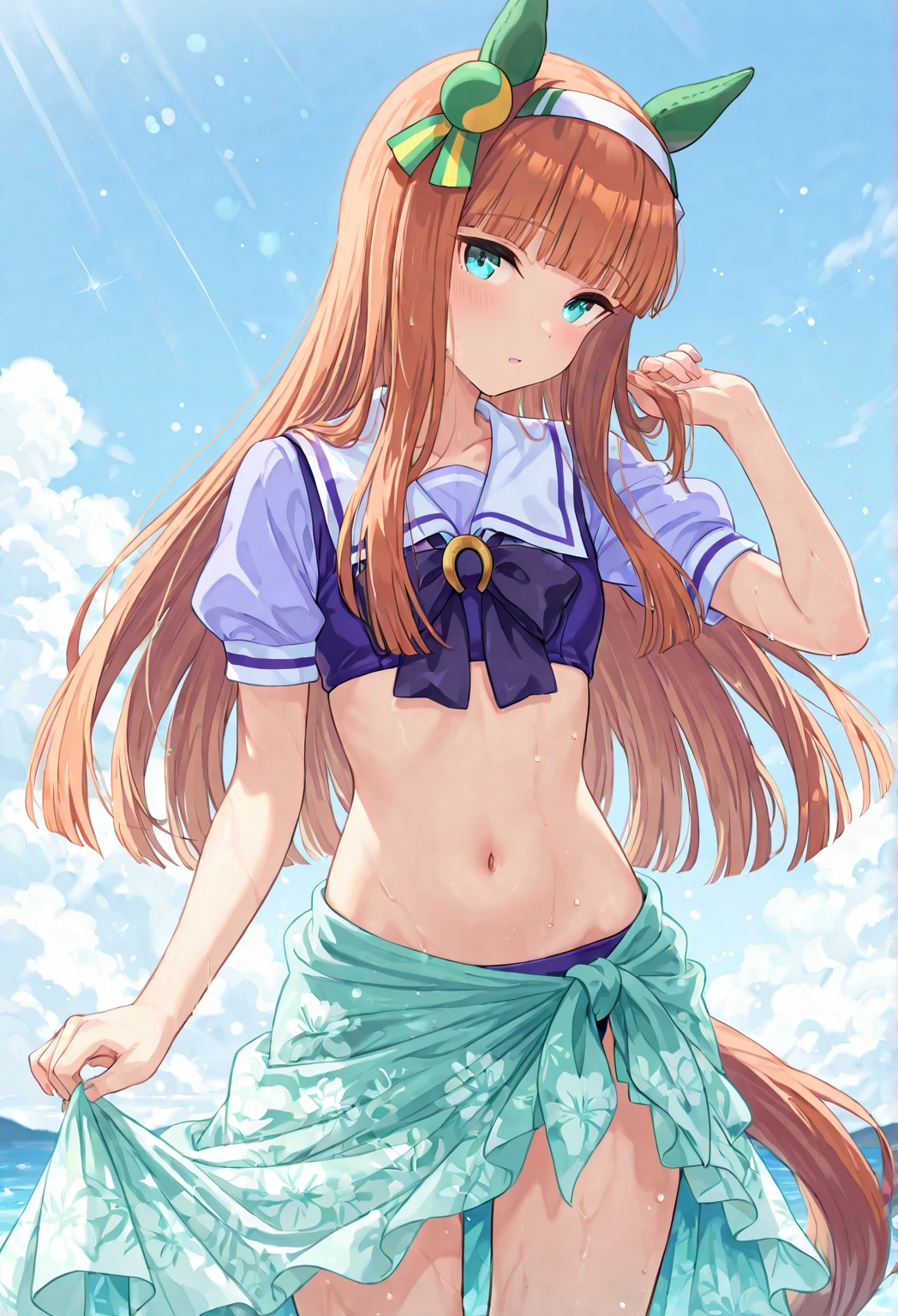 Highest quality,masterpiece, best resolution, nsfw, 1 girl, sailor uniform, topless, flat chest,pink nipple, belly button,outdoor, blush, standing, horse ears, horse tail